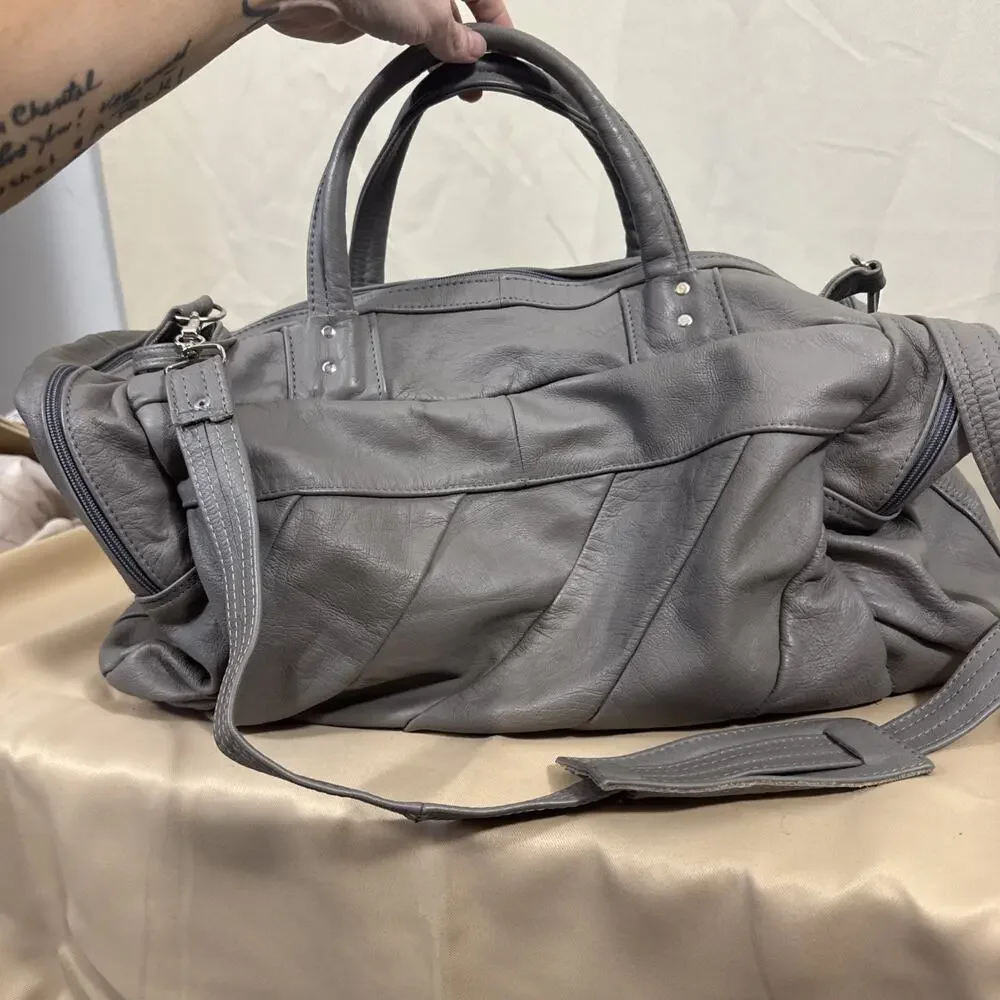Vintage Genuine Leather Gray Weekender Duffel Travel Bag Carry On Made Mexico